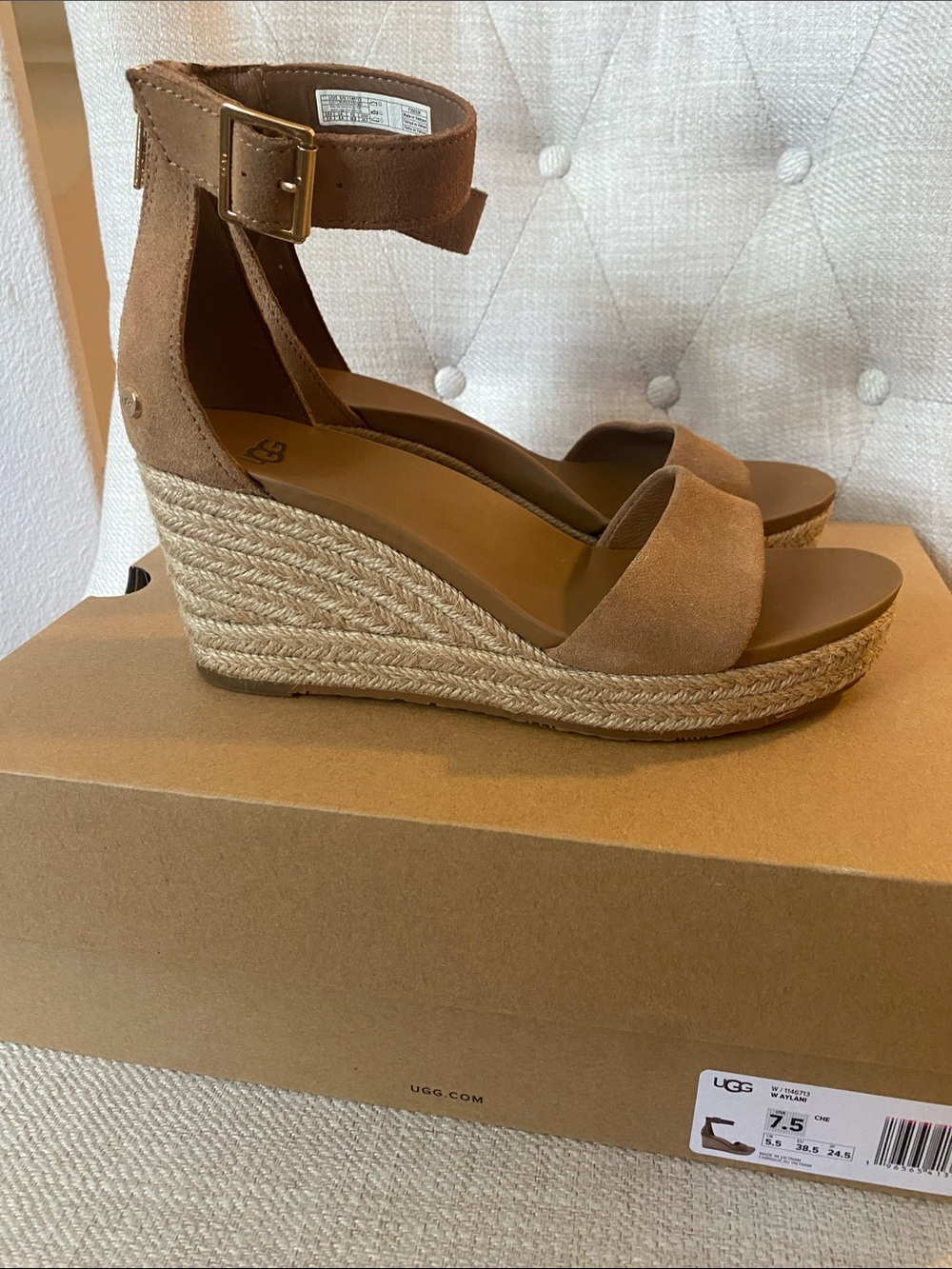 UGG Women's Tan Suede Espadrille Ankle-Strap Wedge Sandals